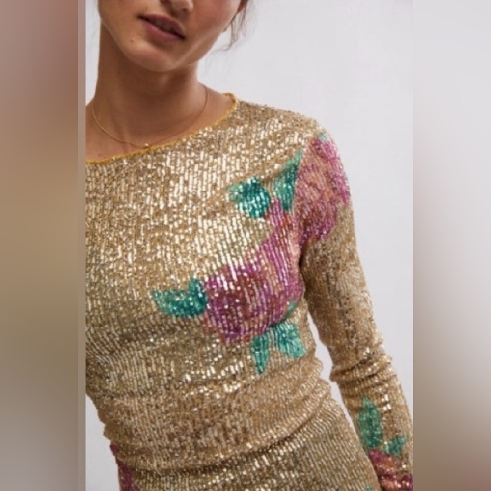 NWT Free People Gold Rush Sequin Top - Dazzling Floral Motif - Size L